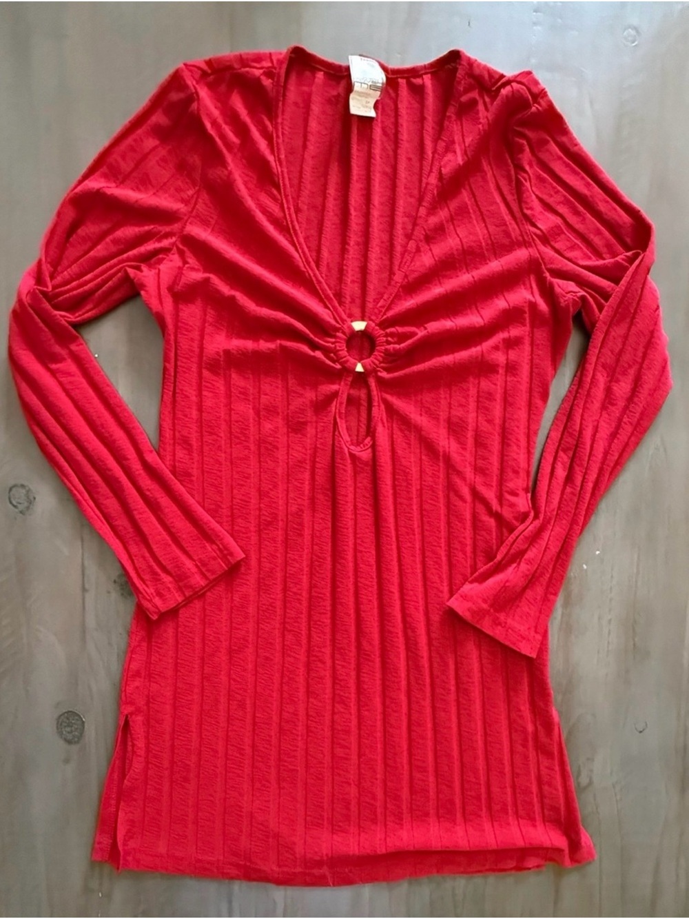 Red Long Sleeve Ribbed Swim Coverup with Ring Detail